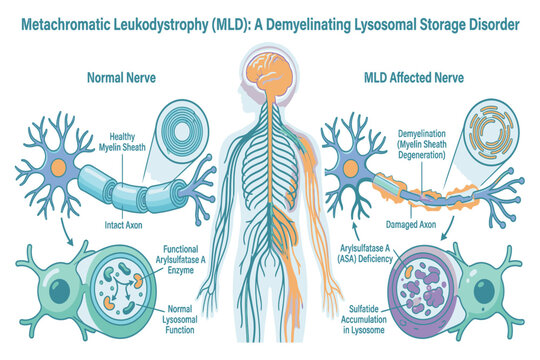 Metachromatic leukodystrophy medical infographic illustrating myelin degeneration, genetic causes, neurological symptoms, diagnosis, and treatment overview.