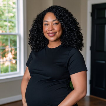 Expectant Mother with a Warm Smile Cradling Her Baby Bump Against a Soft Ambient Light, Radiating Joy and Anticipation