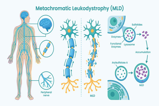 Educational Metachromatic leukodystrophy infographic featuring genetic mutations, myelin damage, clinical symptoms, diagnosis, and disease progression.