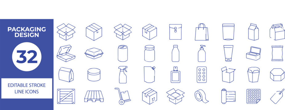 32 Packaging Design Vector Outline Icons Set,Box, Bottle, Bag, Carton, Container and Product Packaging Line Symbols Collection