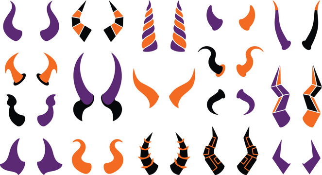 Collection of colorful devil horns for halloween costumes and fantasy character design isolated on white background