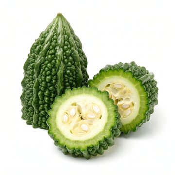 Fresh bitter melon or bitter gourd with cross section isolated on white background