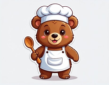 Cute kawaii brown bear chef character holding a wooden spoon