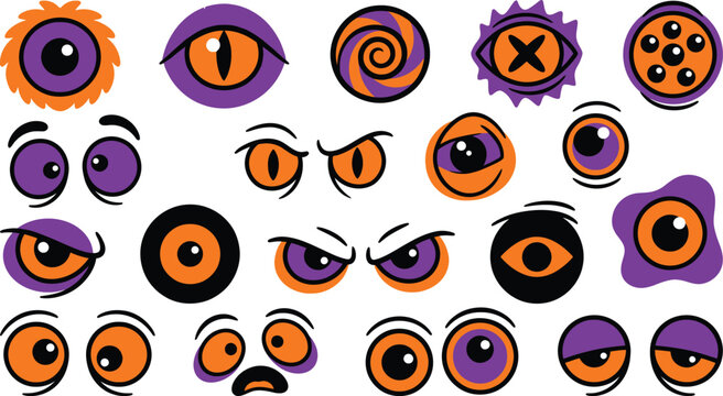 Collection of spooky monster eyes for halloween design projects featuring various colorful expressions and scary creature pupils