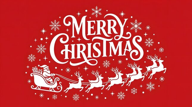 Elegant merry christmas greeting card design featuring santa claus in his sleigh pulled by flying reindeer on red background
