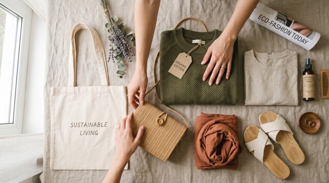 Flat lay of sustainable fashion items including organic cotton sweater, eco bag, and natural accessories