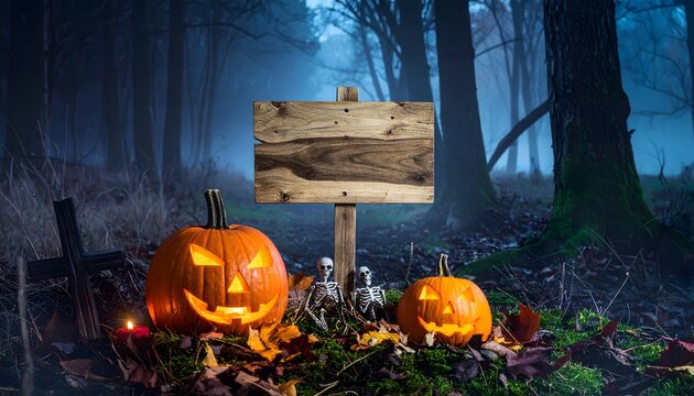 Blank wooden sign board standing in dark misty forest with glowing jack o lantern pumpkins and skeletons.