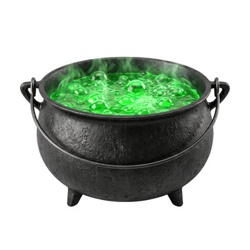 3D render of a black cast iron witch cauldron filled with bubbling glowing green potion, isolated on white background