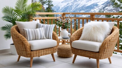 Fototapeta premium Cozy balcony furniture with snow covered mountain view