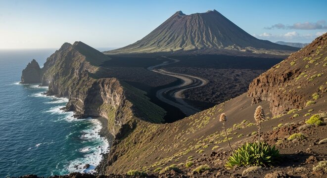 Volcanic island with broad shield volcano, expansive lava fields and dramatic coastal cliffs