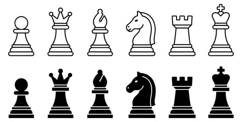 Set of chess pieces icons including pawn, queen, bishop, knight, rook, and king in black and white styles on transparent background © Артур Дацко