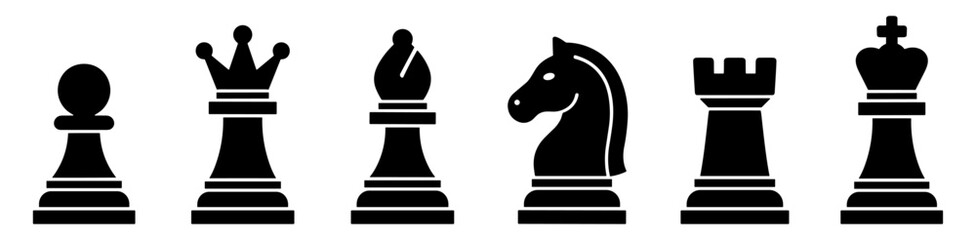 Black silhouette chess pieces set including pawn queen bishop knight rook and king on transparent background © Артур Дацко