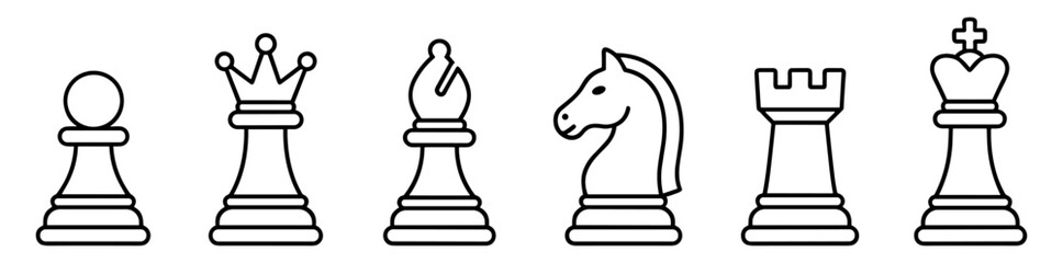 Set of classic chess pieces icons including pawn, queen, bishop, knight, rook, and king in black outline style on transparent background © Артур Дацко