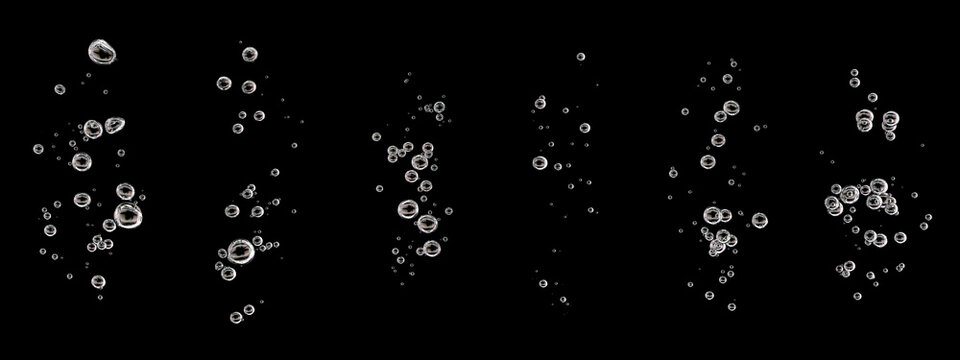 Air bubble collection isolated on black background, featuring transparent underwater oxygen bubbles in multiple formations for compositing, splash effects, aquatic design, motion graphics