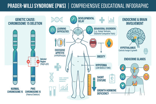 Professional Prader-Willi syndrome infographic explaining genetic inheritance, endocrine abnormalities, developmental symptoms, diagnosis, and multidisciplinary management.