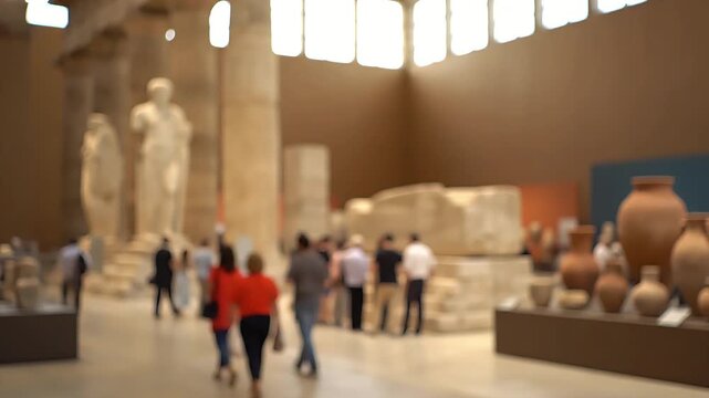 Visitors exploring a spacious museum hall filled with ancient Egyptian statues, large columns, and various pottery exhibits under natural light.