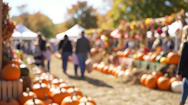 Blurred view of an autumn pumpkin patch or fall festival with people walking among stalls and numerous orange pumpkins on display.