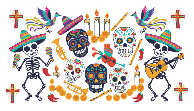 Festive Day of the Dead collection with sugar skulls, mariachi skeletons, marigolds, and traditional musical instruments for rituals.