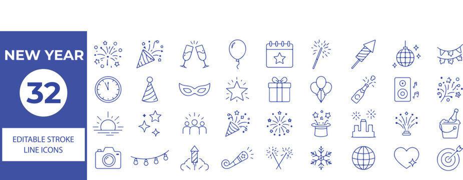 32 New Year Vector Outline Icons Set,Fireworks, Party, Champagne, Countdown, Celebration and Holiday Line Symbols Collection