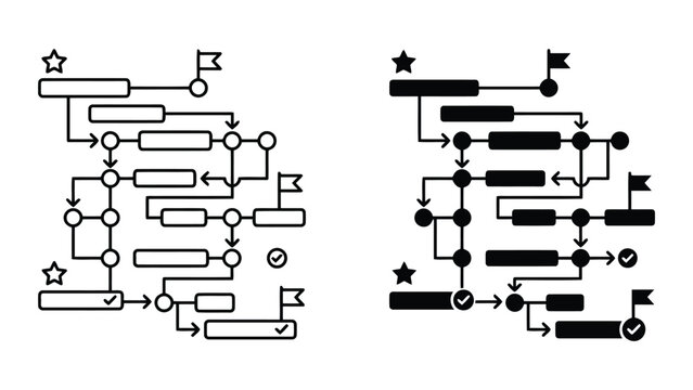 Project workflow and business roadmap milestones icons with workflow, business