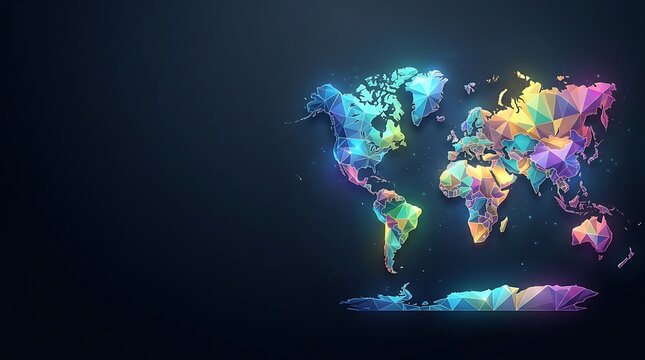 Colorful low poly world map on a dark digital background