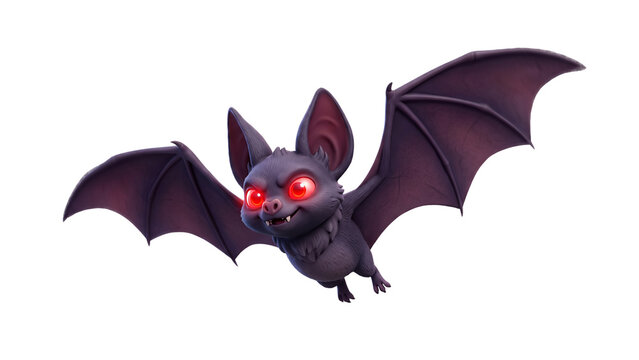 3D render of a stylized cartoon flying bat with glowing red eyes, isolated on a transparent background grid