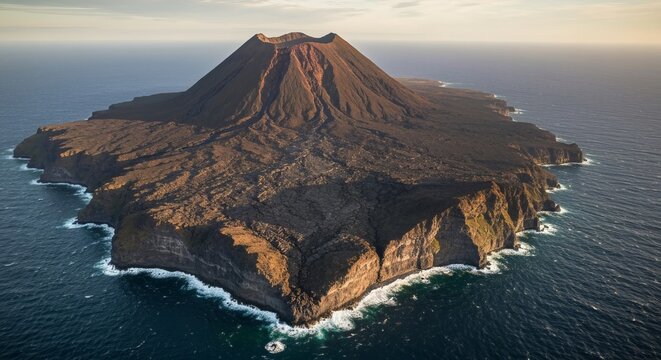 Volcanic island with broad shield volcano, expansive lava fields and dramatic coastal cliffs