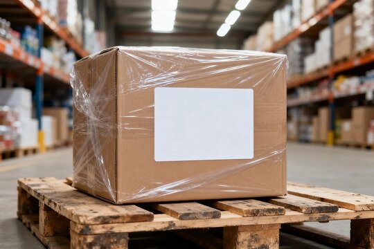 Wrapped cardboard box on pallet in warehouse