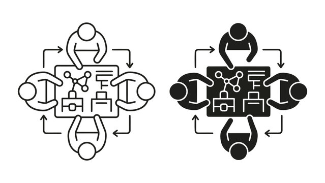 Business team brainstorming meeting icons set with brainstorming, teamwork