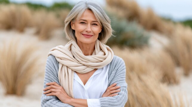 Senior woman smiling embracing natural aging outdoors