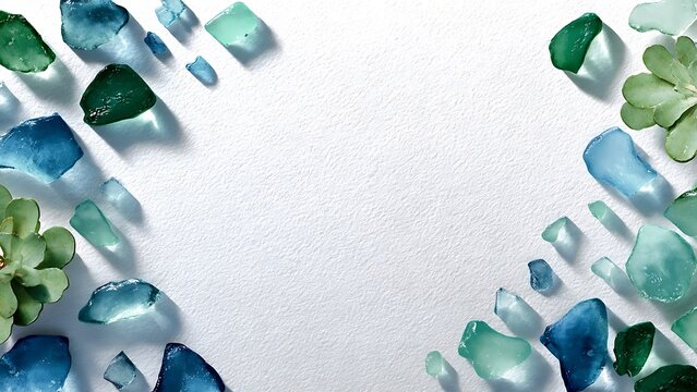 Abstract Blue Green Glass Fragments and Succulent Leaves on White Background