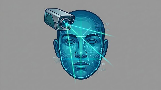 Biometric facial recognition system scanning human head with camera