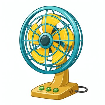 Retro desk fan with yellow blades and teal grill during a bright studio session isolated on white background