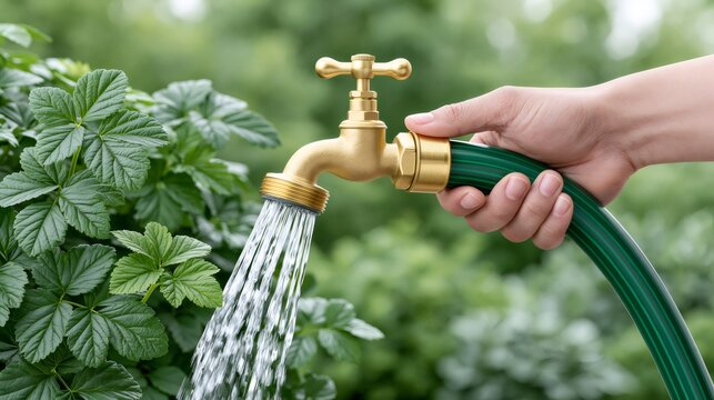 Hand holding garden hose watering green plants outdoor