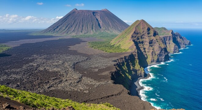 Volcanic island with broad shield volcano, expansive lava fields and dramatic coastal cliffs