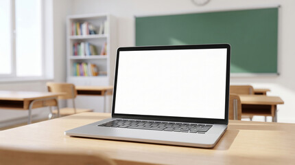 Fototapeta premium Classroom interior blur background laptop blank screen desk with chalkboard bookshelf modern study space. School education learning class room. empty furniture, white backdrop copy space