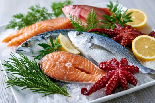 Fresh whole fish, salmon, octopus, lemon and herbs on ice