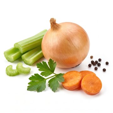 Fresh mirepoix ingredients including onion, celery, carrot, parsley, and black peppercorns isolated on white background
