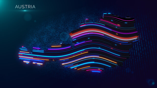 Futuristic Austria map featuring vibrant glowing contour lines, digital particle grid, cinematic depth of field, colorful lighting, and clean country title for technology themed visuals.