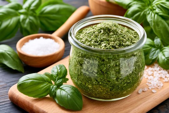 Dried basil herb spice mix storing in jar