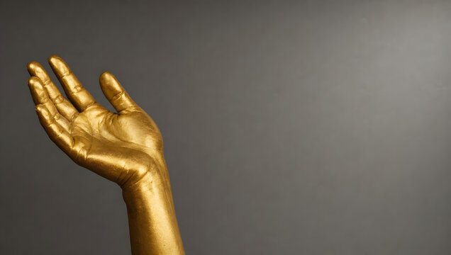 Golden Human Hand with Open Palm Gesture in Dark Silhouette