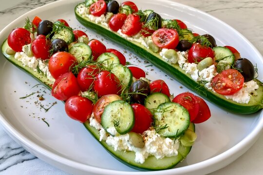 Cucumber boats with fresh salad and feta cheese