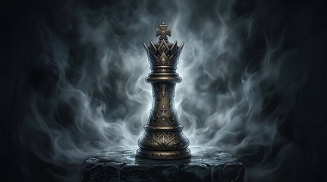 Ornate metallic king chess piece standing on a stone pedestal