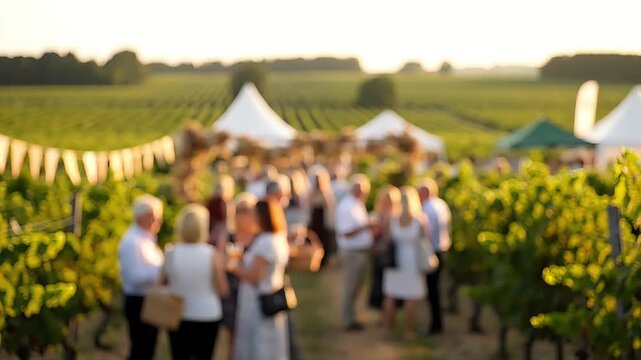 People enjoying an outdoor event in a vineyard with white tents under a golden sunset.