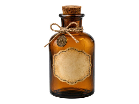Vintage amber glass bottle with cork and blank label for apothecary or potion isolated.