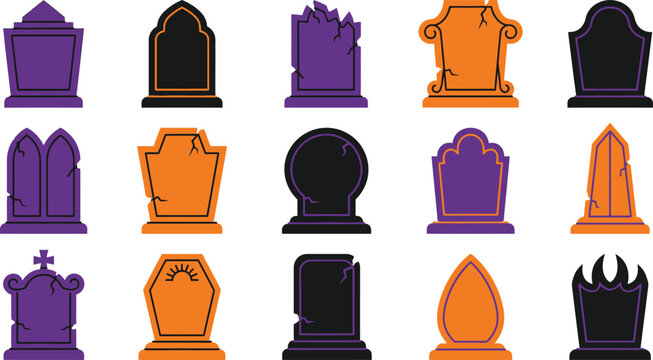 Set of various tombstone icons for halloween decorations featuring purple orange and black graveyard headstone designs