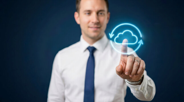 Businessman touching a glowing cloud computing synchronization icon in a futuristic digital interface environment