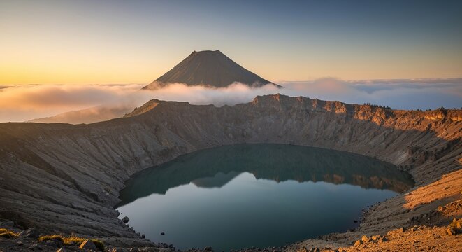 Dormant volcano at sunrise, mist-filled caldera and jagged rim reflected in a glassy lake