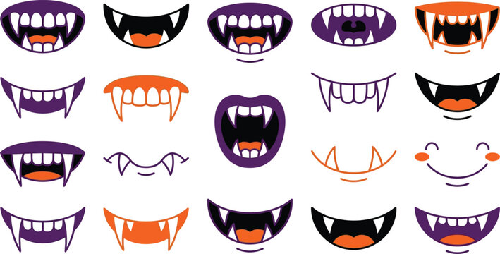 Collection of scary monster and vampire mouths with sharp teeth for halloween costume mask designs and party decorations