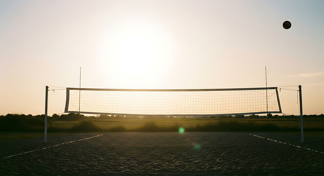 Wide-angle view of a sand volleyball court at golden hour, featuring a taut net in the foreground and a volleyball in mid-air against a warm sunset sky over a distant field.